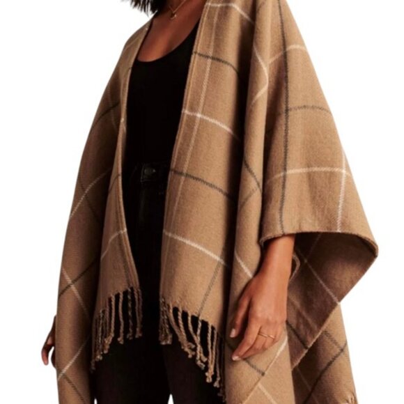 Abercrombie & Fitch brown plaid poncho OS - Picture 2 of 5